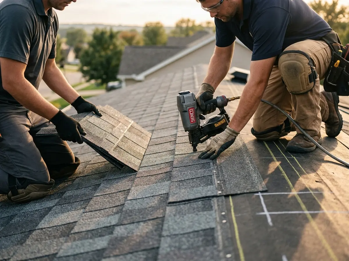 Professional roofer working on a residential roof in La Junta